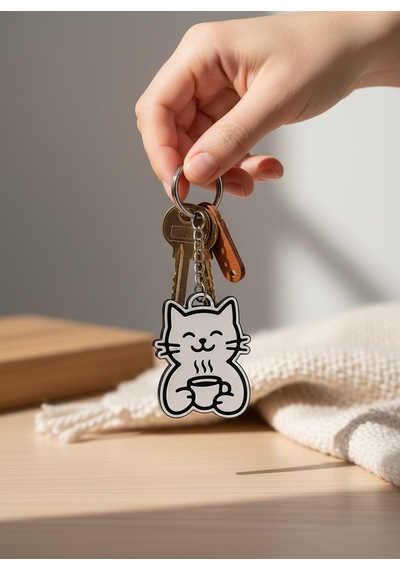 Kahve İçen Kedi Figürlü Anahtarlık