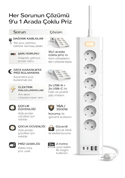 3680w 1050j Akım Korumalı 5li Priz 2 Usb 2 Type-c 3.4a Dokunmatik Led Anahtarlı 2m Kablo Çoklu Priz Standart