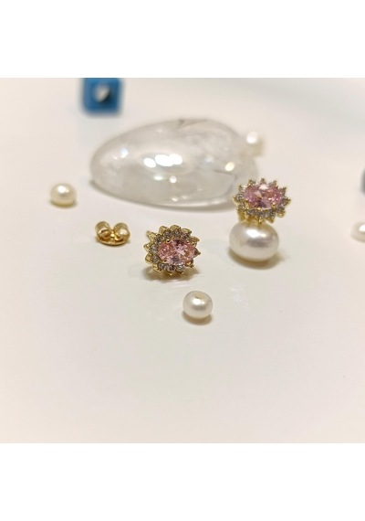 9.9 MM Vidalı Oval Pembe Tek Taş Küpe 14 Ayar Altın