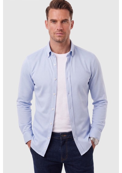 Rizzup Erkek %97 Pamuk Slim Fit Dar Kesim Petek Dokulu Likralı Örme Mavi Gömlek 2600707
