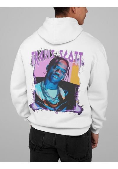 Sevbano Travis Scott Baskılı Unisex Oversize Rapper Şarkıcı Hoodie Beyaz