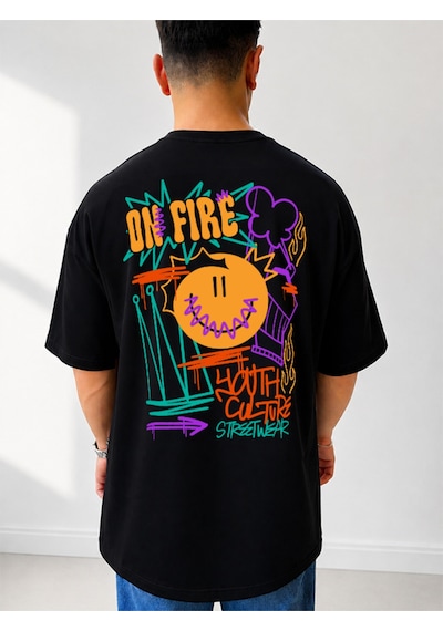525 Oversize Sırt Baskılı Streetwear Unisex T-shirt Onfire Siyah