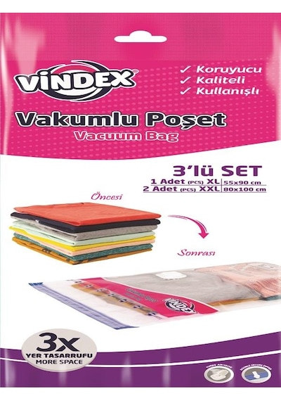 VİNDEX 3'LÜ SET VAKUMLU POŞET 1-XL/2-XXL BOY Şeffaf