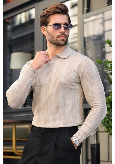 Madmext Taş Rengi Regular Fit Polo Yaka Triko Erkek Kazak E7509