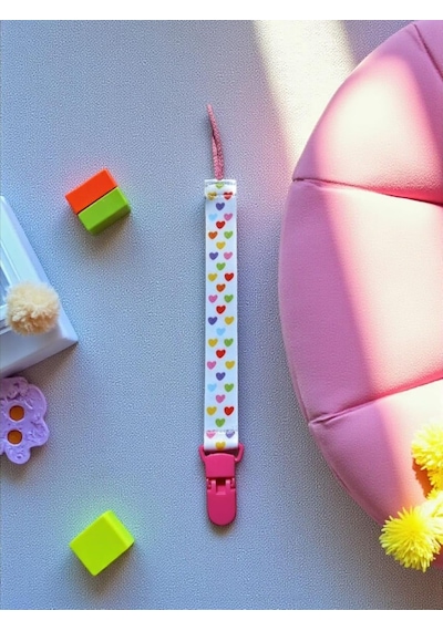 2'li Pembe Tavşan Ve Renkli Kalp Desenli Plastik Klips Emzik Askısı Genel