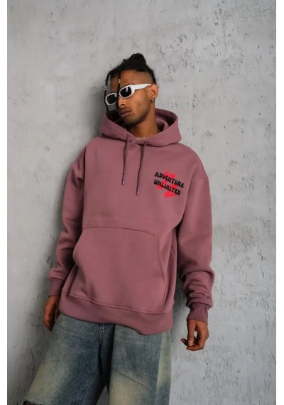 Veraura Lifestyle Erkek Şapkalı Güvercin Baskılı Kapşonlu Sweat - Gül Kurusu S Gülkurusu