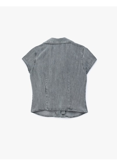 Koton Rahat Kalıp Kısa Kollu Napolyon Kapama Detaylı Denim Bluz Gri 7wal30009md
