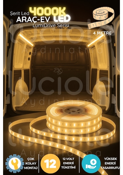 Lumidrive 4m 4000k Doğal Beyaz Led Şerit 12v Kablolu, Araç İçi Aydınlatma, Kesilebilir, Yapışkanlı