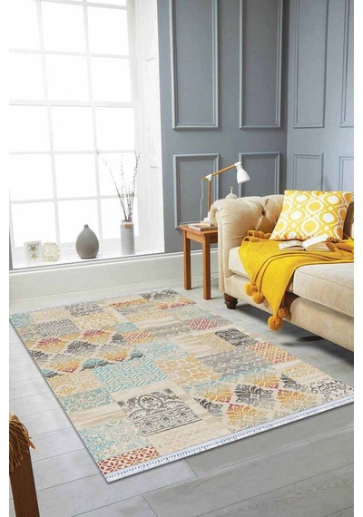 Sarı Patchwork Dokuma Pamuk Taban Kaymaz Kilim Klm054n11