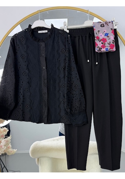 Lovie Moda Kadın Keten Gömlek Pantolon Takım - Siyah Bej