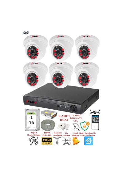 Fury 6 Kameralı 5mp 3.6mm Lens 2mp Görüntü 6 Atom Led Gece Görüşlü Fullhd Güvenlik Kamerası 1412a 1tb
