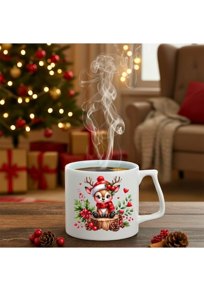 Yılbaşı Noel Şapkalı Geyik Baskılı-hediyelik Seramik Kupa Bardak Beyaz