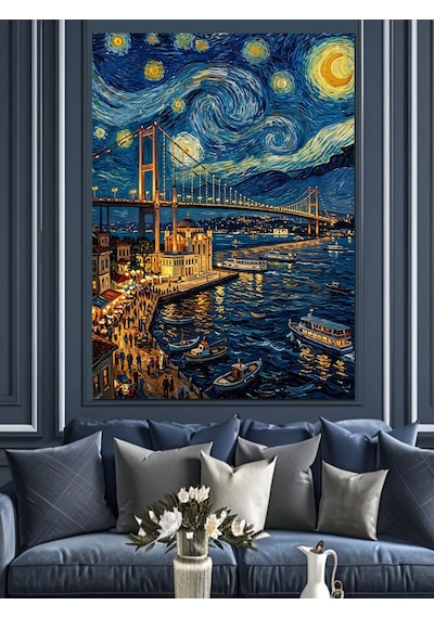 Van Gogh Tarzı Köprü Ve Galata Ve Yıldızlı Gece Dekoratif Kanvas - Mdf Ahşap Tablo Çok Renkli