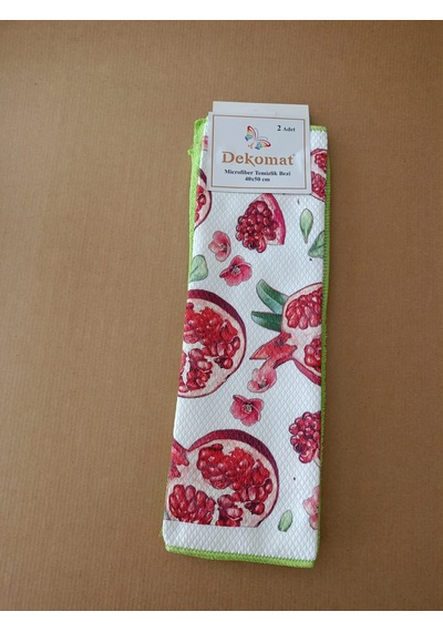 Microfiber Temizlik Bezi 40x50 Cm 2 Adet Nar Tanesi Bir Adet Baskılı Bir Adet Naturel Yeşil