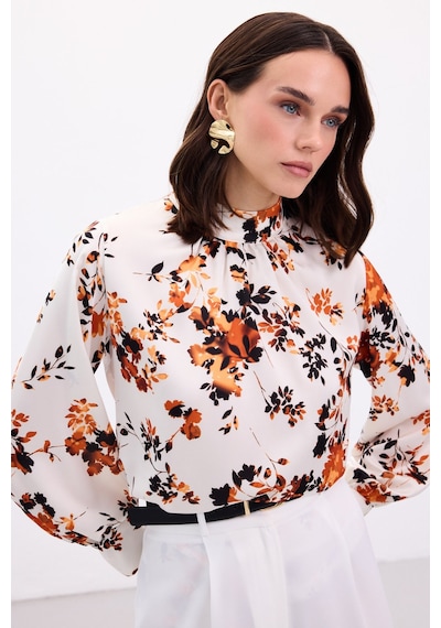 Sateen Dik Yaka Bluz - Oranj-136868 Oranj