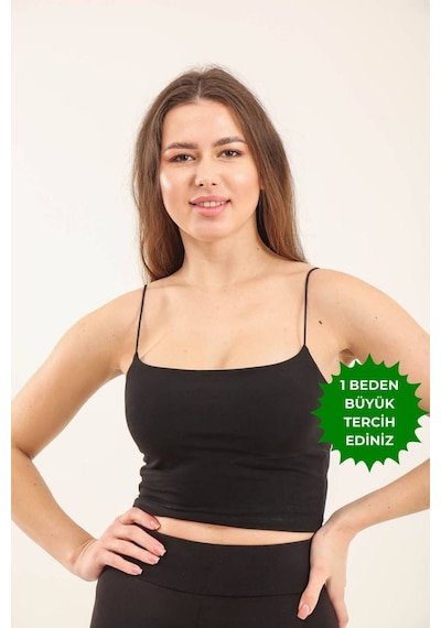 Balenbi Kadın Basic Ip Askılı Penye Crop Body 1066 Siyah