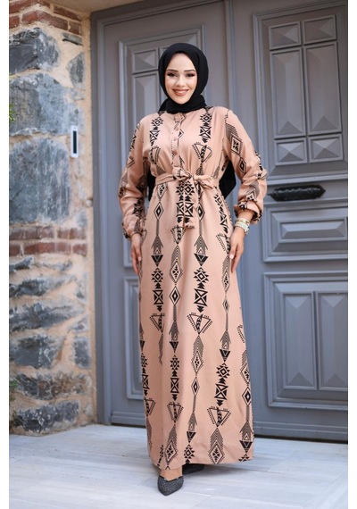 Hira Life Fashion Kadın Tesettür Geometrik Desen Önü Düğmeli Ve Bel Kuşaklı Viskon Elbise Vizon Vizon Hira Life Fashion Kadın Tesettür Geometrik Desen Önü Düğmeli Ve Bel Kuşaklı Viskon Elbise Vizon Vizon