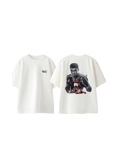 Thewert Muhammed Ali Boks Tasarım Sırt Baskılı Pamuk Beyaz Oversize T-shirt