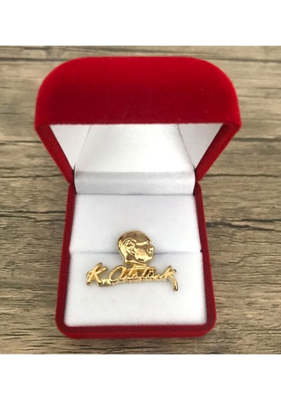 Atatürk İmzalı Ve Büstlü Şık Kutulu Yaka Rozeti Gold Altın