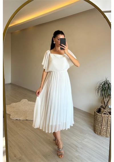 Neşeli Butik Kadın Omzu Açık Piliseli Midi Şifon Elbise Nm006 Beyaz