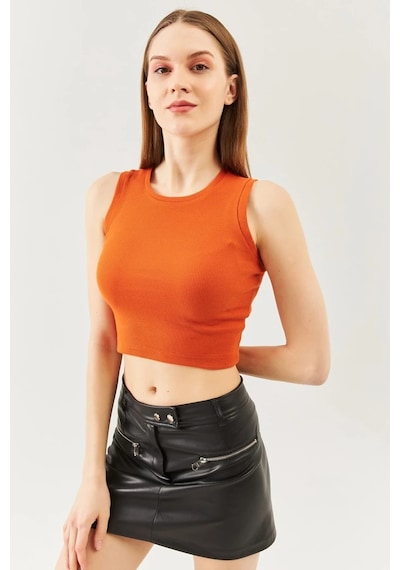 Butikgiz Kadın Sıfır Kol Bisiklet Yaka Vücuda Oturan %100 Pamuklu Kaşkorse Esnek Crop Bluz Kiremit