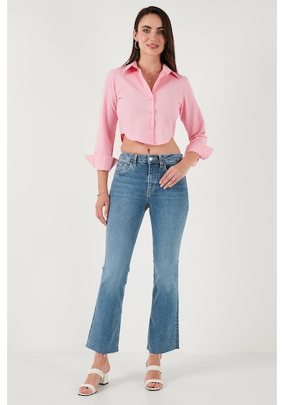 Lela Pamuk Karışımlı Slim Fit Uzun Kollu Crop Bayan Gömlek 6777336 Şeker Pembe