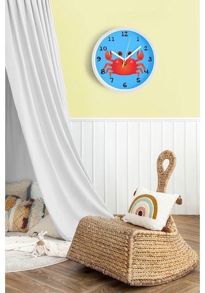 Sevimli Yengeç Çizimli Çocuk Odası Duvar Saati - 30cm - Önü Camlı Beyaz Kasa - Sessiz Mekanizma Beyaz