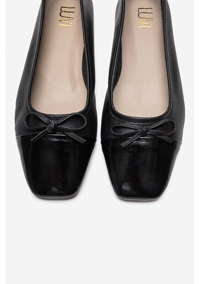 Luvi Shoes Romy Siyah-siyah Rugan Hakiki Deri Küt Burunlu Fiyonklu Kadın Babet Ayakkabı