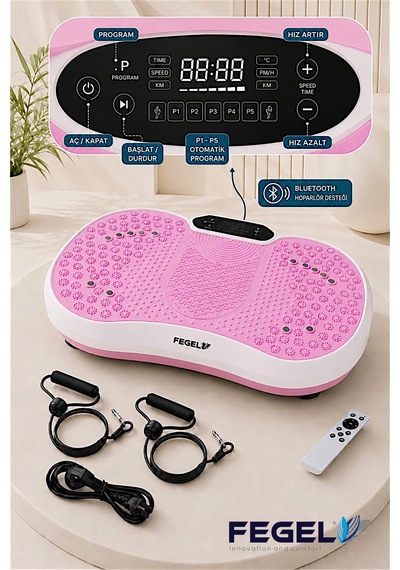 Fegel FG-6500 99 Kademeli Hoparlörlü Direnç Bantlı Uzaktan Kumandalı Titreşimli Fitness Platformu Pembe