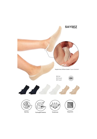 Saysez Bambu Kadın Babet Renk Çorap Dikişsiz Görünmez Kaydırmaz Topuk Silikonlu Premium 6'lı Renkli