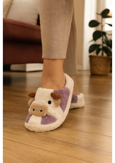 İnek Figürlü Nakışlı Kışlık Unisex Ev Terliği Kaydırmaz Taban Lila