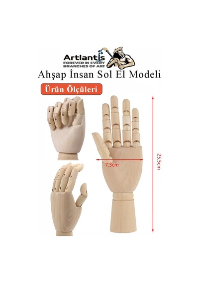 Ahşap Sol El Modeli 25 Cm 1 Adet Sol El Maketi Bayan Ahşap Manken Sol El Parmak Model Hareketli Esnek Eskiz Çizim Boyama