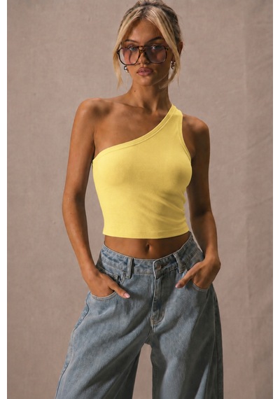 Cool Tarz Kadın Tek Omuz Crop Atlet Esnek Slim Fit Süprem Kumaş Asimetrik Yaka Bluz Sarı Sarı
