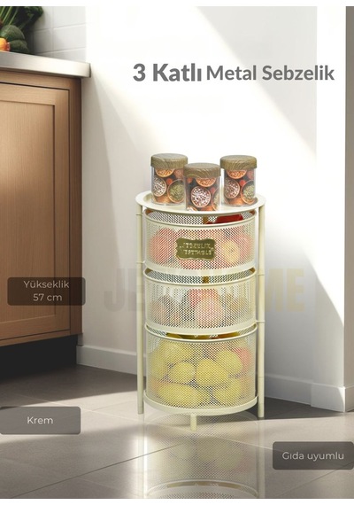 3 Katlı Sebzelik Açılır Metal Patates Soğan Sepeti Paslanmaz Meyvelik Organizer Sepet Krem Krem