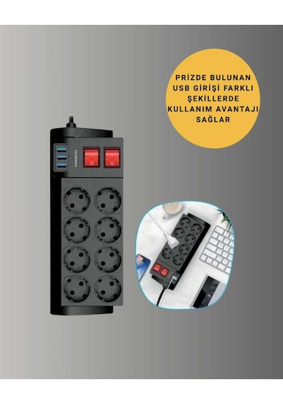 Güvenli Termal Korumalı 8 Priz 3 Usb Uzatma Kablosu Diğer