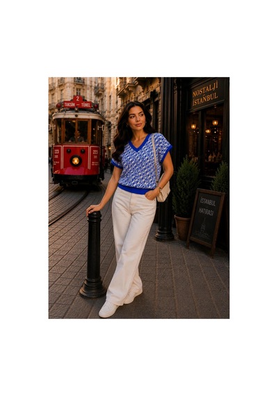 Hira Life Fashion Sfg Life Moda Kadın V Yaka Kare Desenli Şık Süveter Mavi Mavi