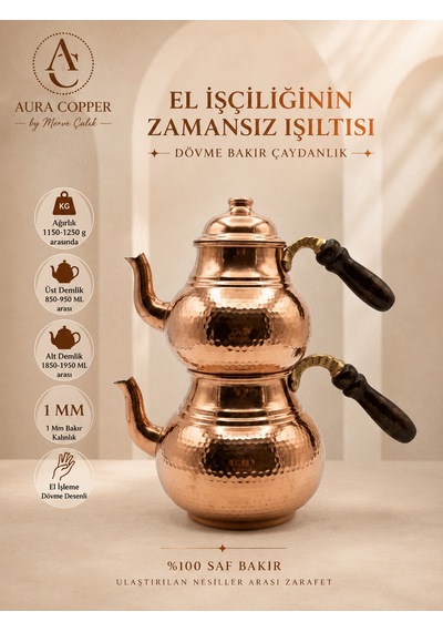 Aura Copper El İşlemeli Bakır Çaydanlık Seti 1 Mm Üst 850-950 Ml Alt 1850-1950 Ml 27 Cm Parlak Bakır