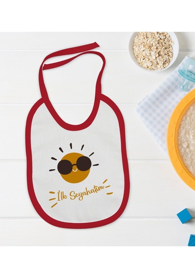 BK Kids İlk Seyahat Tasarımlı Kırmızı Bebek Mama Önlüğü-1 Kırmızı
