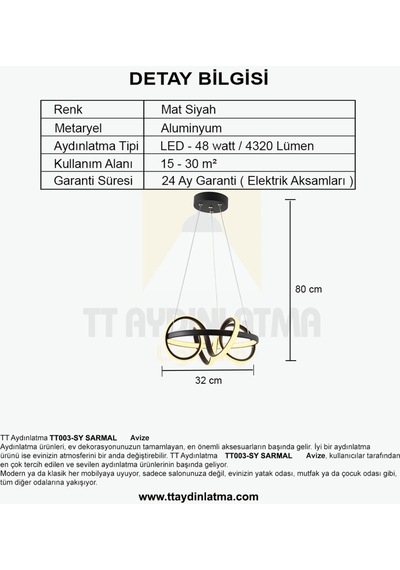 Tt003-Sy Tt Aydınlatma Sarmal Modeli Mat Siyah Led Avize