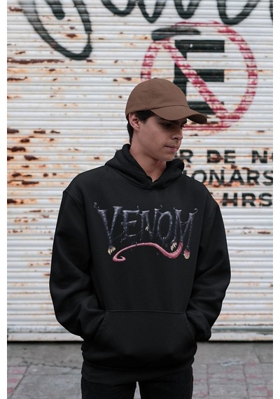 Sevbano Venom Karakter Baskılı Unisex Oversize Film Hoodie Siyah
