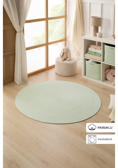 Ocean Home Textile Yıkanabilir Mint Kırçıllı Pamuklu Halı Kilim 120 Cm Çap