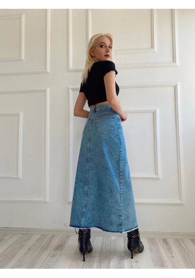 Kadın Önden Yırtmaçlı Denim Etek Buz Mavi
