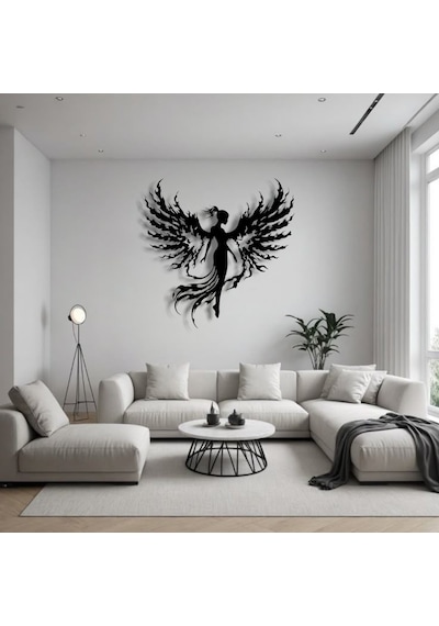 Alev Kanatlı Melek Metal Duvar Dekoru Gücün Ve Zarafetin Sanatsal Yorumu - Renk Variant Property : 000-siyah, Ebatlar Variant Property : 80 X 80