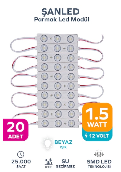 3 Ledli Parmak Led Modül 1.5w 2835 Smd Mercekli Beyaz Işık 12v- 20 Adet