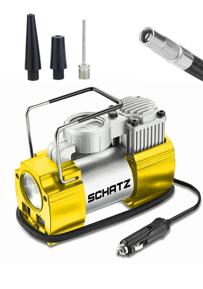 Schatz 12v 150 Psi Işıklı Bakır Sargılı Çakmaklık Girişli Mini Hava Kompresörü 35l Sarı