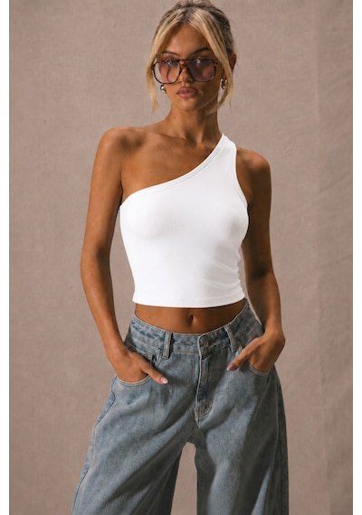 Tarz Cool Kadın Tek Omuz Crop Atlet Esnek Slim Fit Süprem Kumaş Asimetrik Yaka Bluz Beyaz