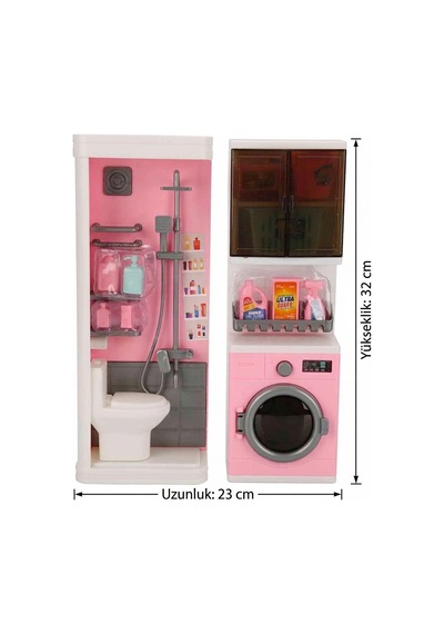 2'li Banyo Setim Kapakları Açılan Çamaşır Makineli Duşakabinli Ve Temizlik Malzemeli Oyuncak Seti 1