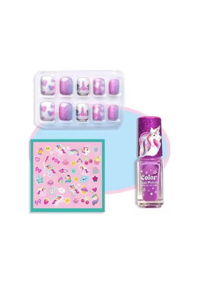 Tokidas Bff Nail Playing Set - Unicorn Modeli Ojeli Stickerlı Çocuk Takma Tırnak Seti Güzellik Seti - N05-unicorn-mor