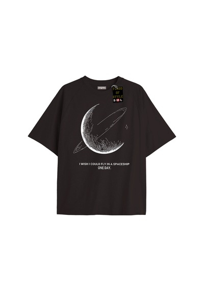 Flood Of Style Siyah Oversize T-shirt Keşke Bir Uzay Gemis İle Uçabilsem Özel Tasarım