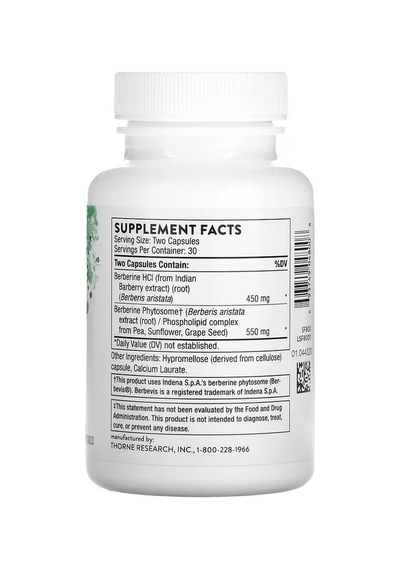 Thorne Berberine Hcl Barberry Extract Phytosome Phospholipid Plus 60 Caps